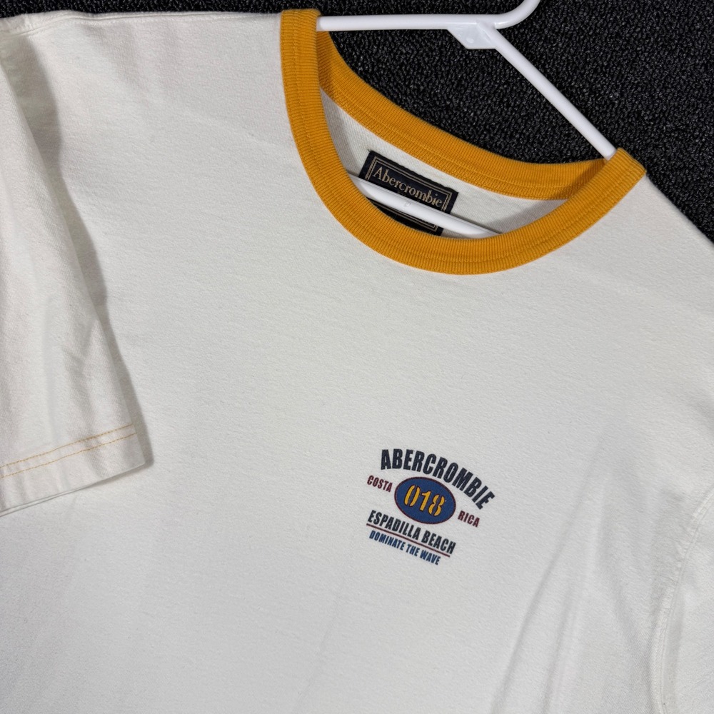 Vintage Abercrombie & Fitch Ringer T-Shirt XL White Yellow Spellout Y2K Surfer